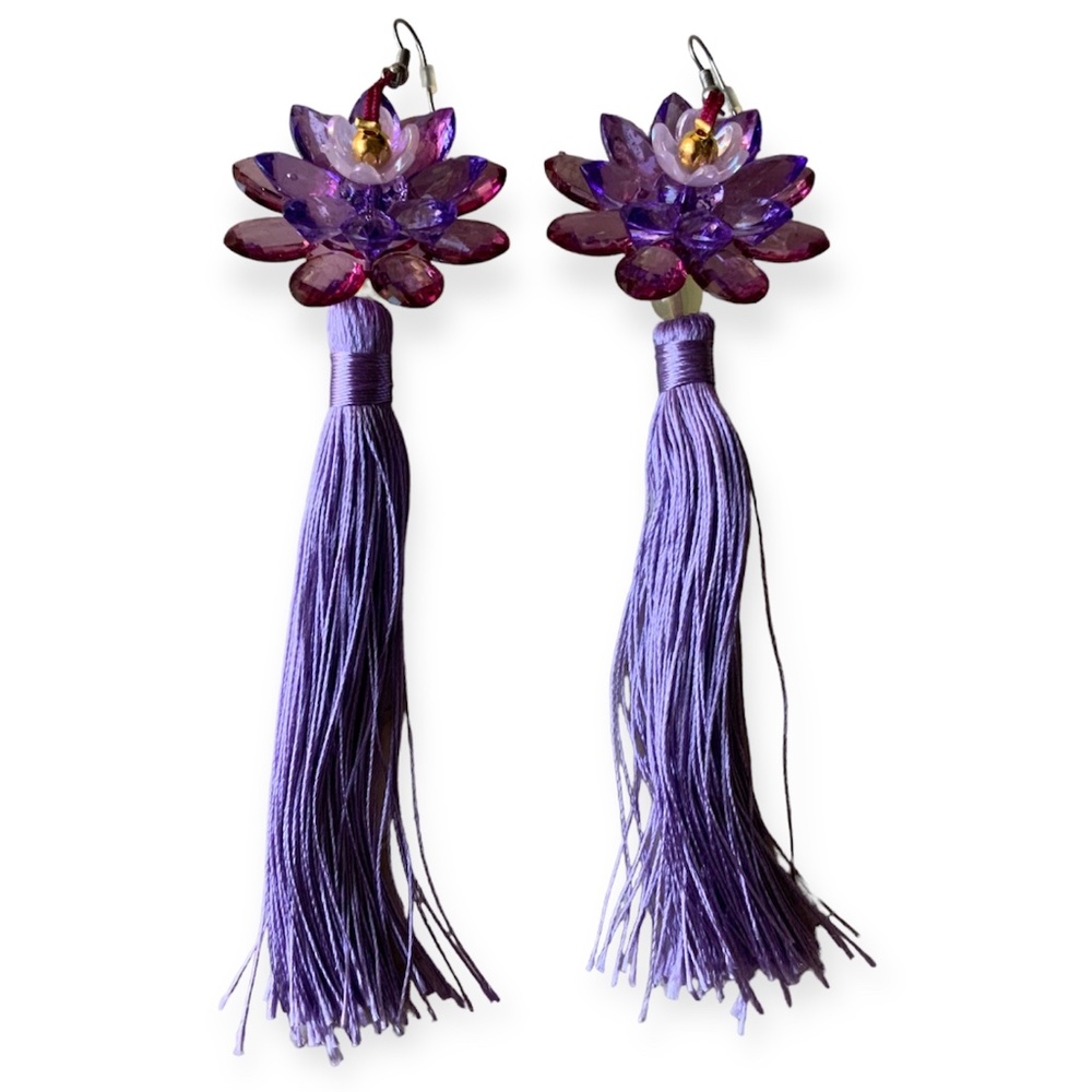 Purple Pink Flowers Long Tassel Earrings